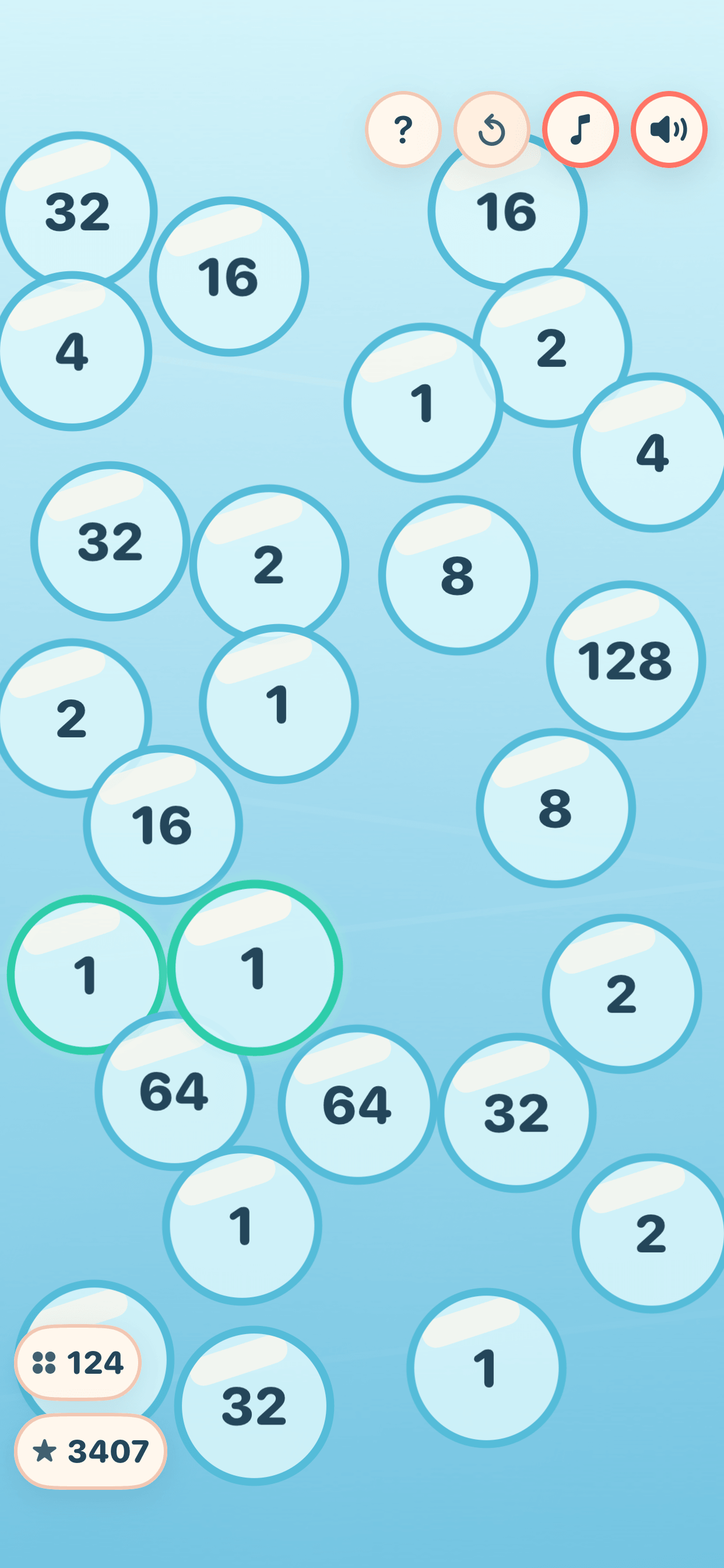 Bubble Merge - Classic on iPhone: a board of numbered bubbles with the score and merge count at the top.