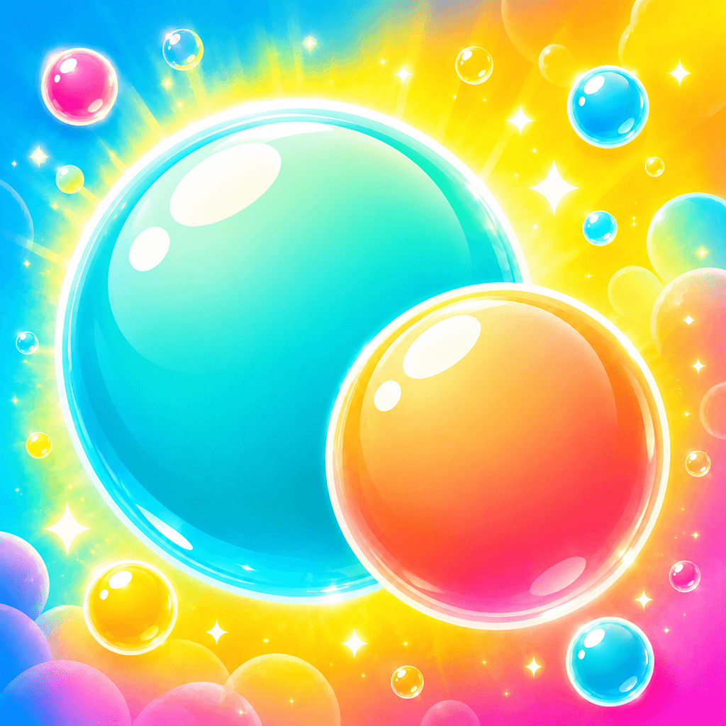 Bubble Merge - Classic app icon: glowing bubbles merging on a teal background.